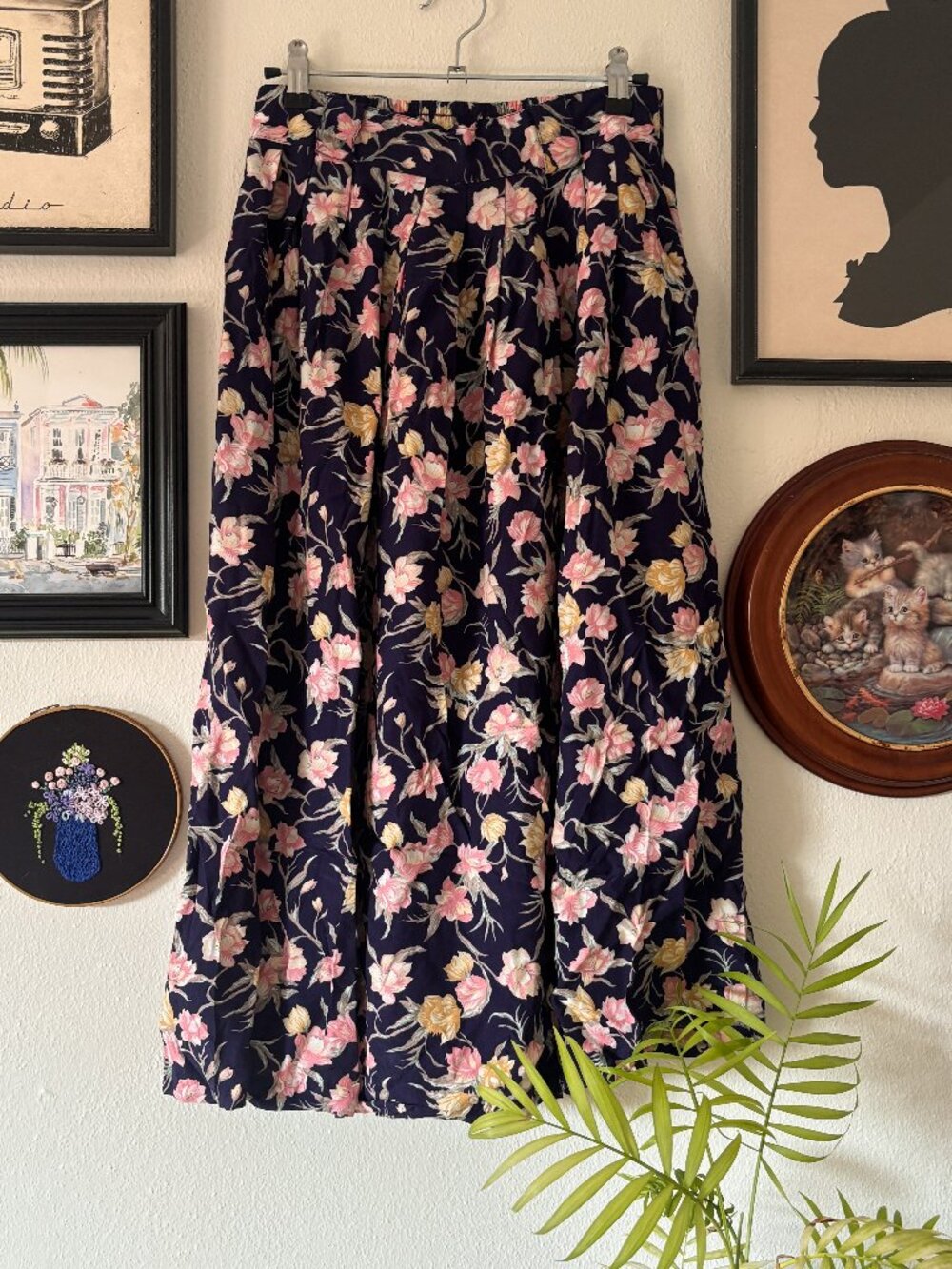 Vintage Navy Floral Rayon Skirt